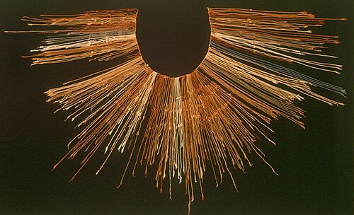 An Inca quipu: a primary cord with many knotted pendant cords hanging from it