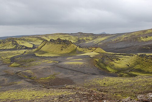 The moss-covered crater row of the Laki fissure in Iceland