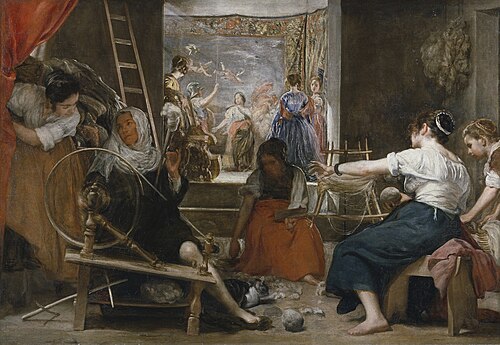 Velazquez painting Las Hilanderas, showing spinners in the foreground and a lit alcove behind