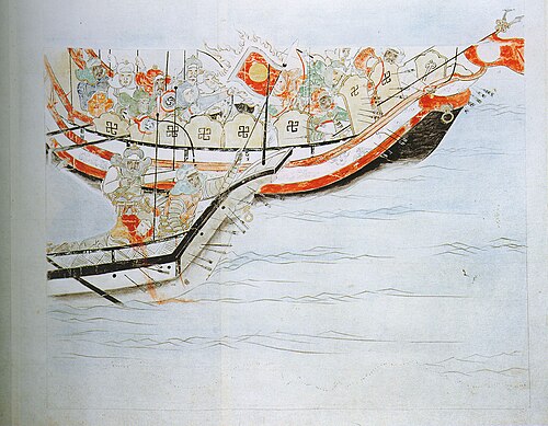 Japanese scroll painting of samurai attacking a Mongol ship