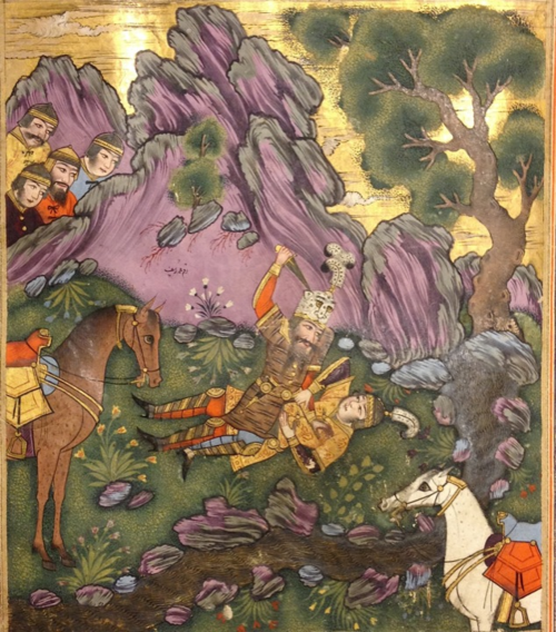 Persian manuscript painting of Rostam mourning over the body of his son Sohrab
