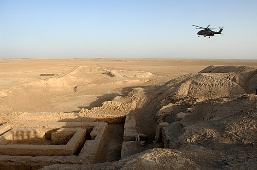 Aerial view of the mounded archaeological site of Uruk at Warka, Iraq