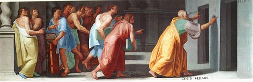 Fresco of Zeno of Elea showing the doors to truth and falsity